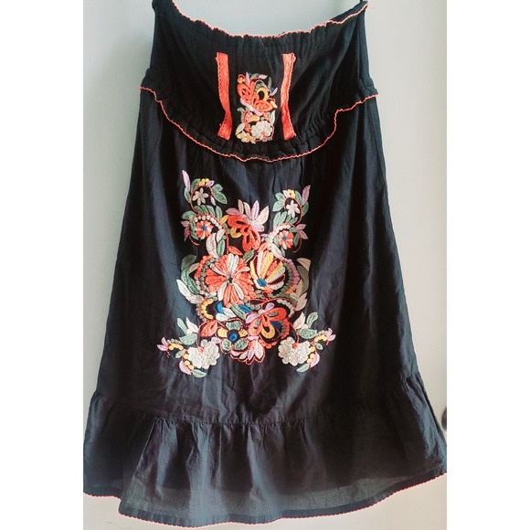 cute options Dresses & Skirts - Cute Options Dress Embroidered Floral S Strapless Black/ Coral India Line Cotton